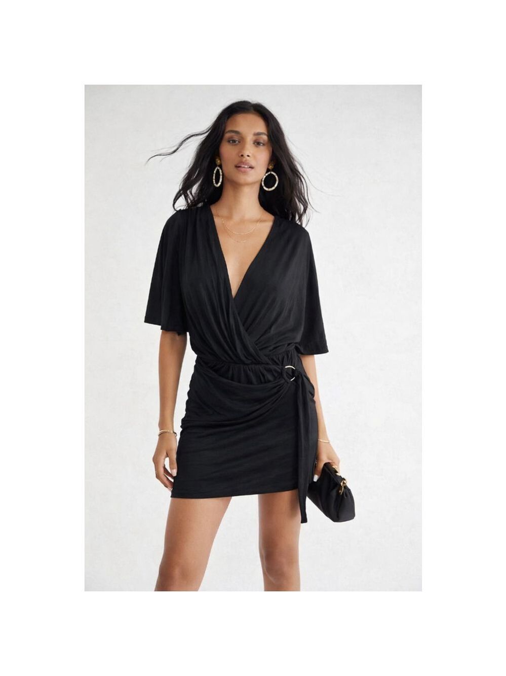 Free People Chelsea Knit Black Wrap Mini Dress NWT Small Kimono Sleeve